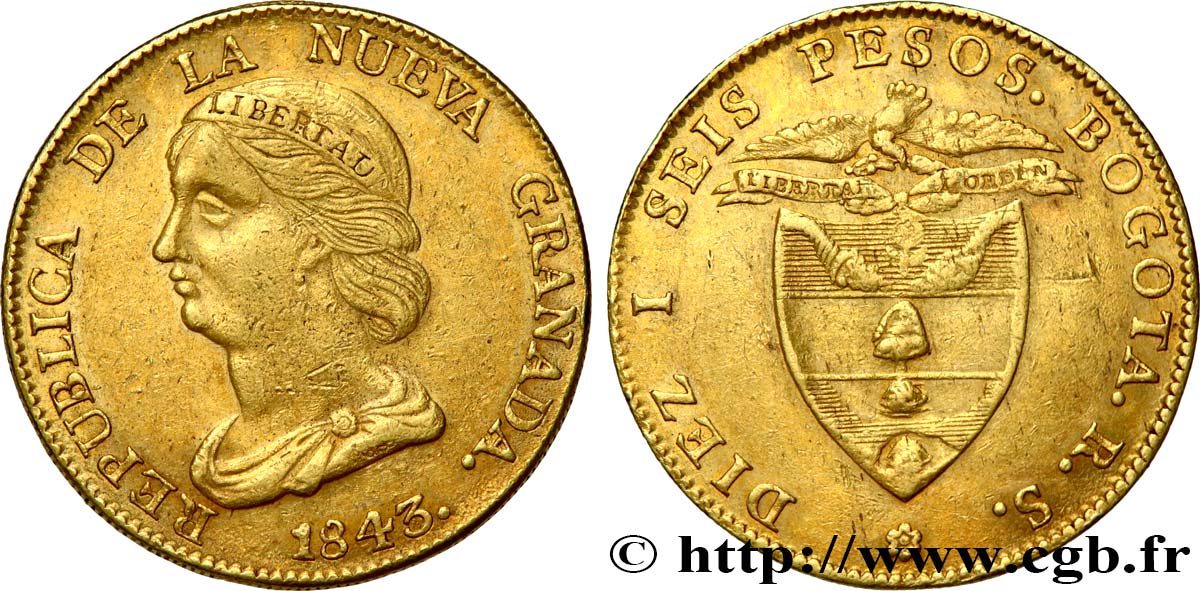 COLOMBIA - REPUBLIC OF NEW GRANADA 16 Pesos 1843 Bogota XF 
