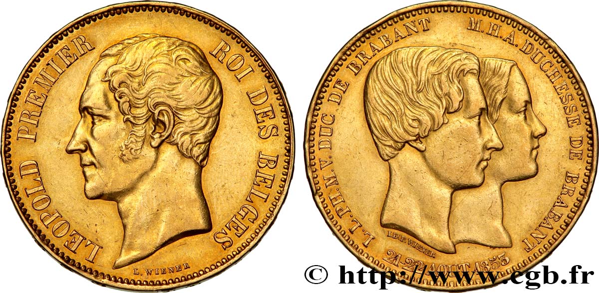 BELGIEN Module de 100 Francs or Mariage du Duc et de la Duchesse de Brabant 1853 Bruxelles fVZ 