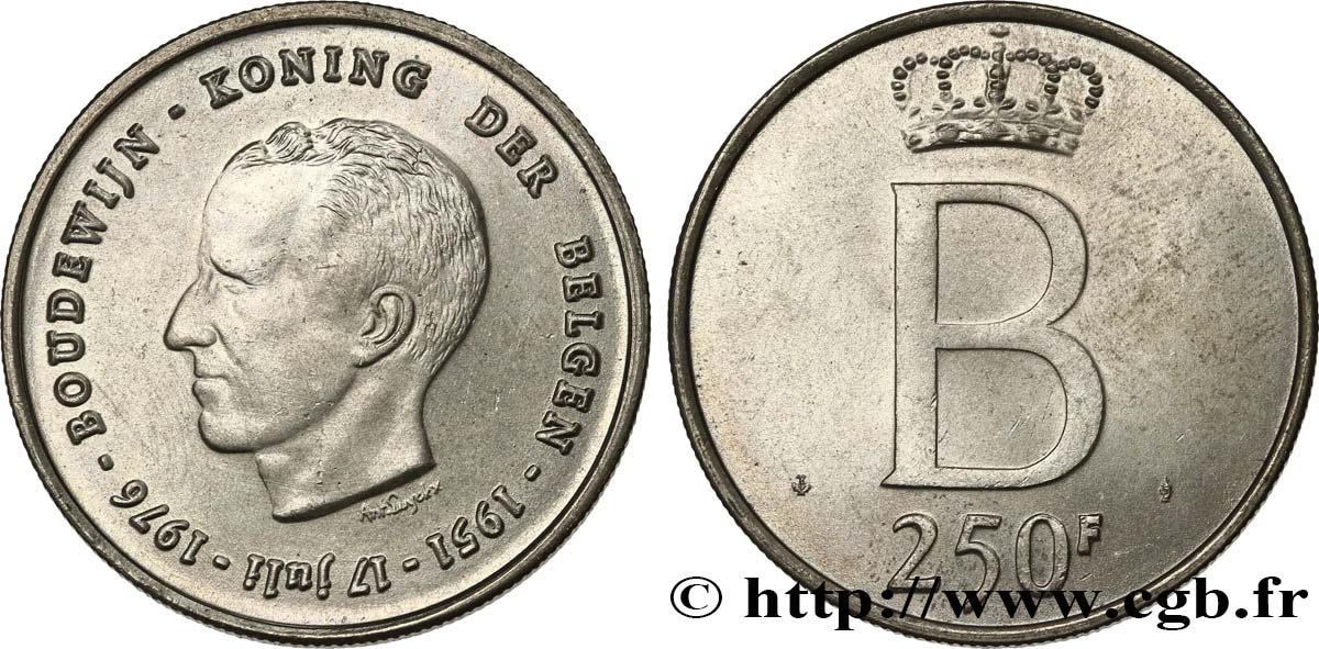 BELGIQUE 250 Francs jubilé d’argent du roi Baudouin légende flamande 1976 Bruxelles SUP 