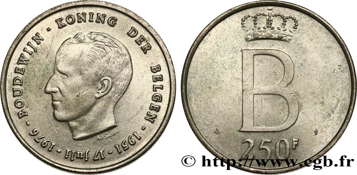 BELGIQUE 250 Francs jubilé d’argent du roi Baudouin légende flamande 1976 Bruxelles SUP 