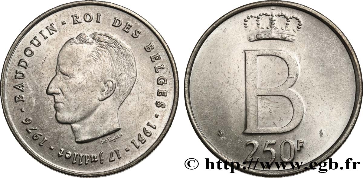 BELGIQUE 250 Francs jubilé d’argent du roi Baudouin légende française 1976 Bruxelles SUP 