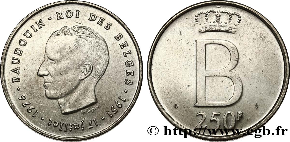 BELGIEN 250 Francs jubilé d’argent du roi Baudouin légende française 1976 Bruxelles VZ 