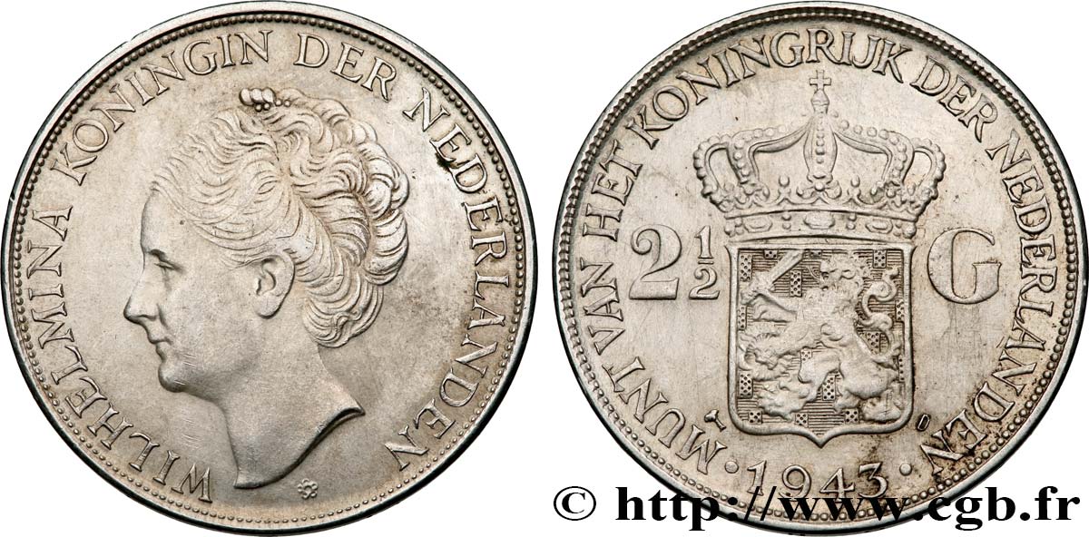 NETHERLANDS INDIES 2 1/2 Gulden Wilhelmina 1943 Denver XF 