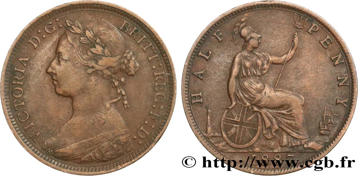 UNITED KINGDOM 1/2 Penny Victoria “Bun Head” 1887  VF 