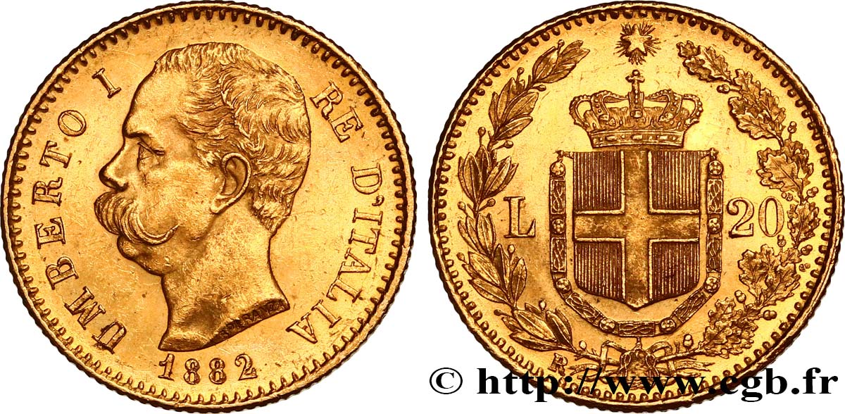 INVESTMENT GOLD 20 Lire Umberto Ier 1882 Rome MS 