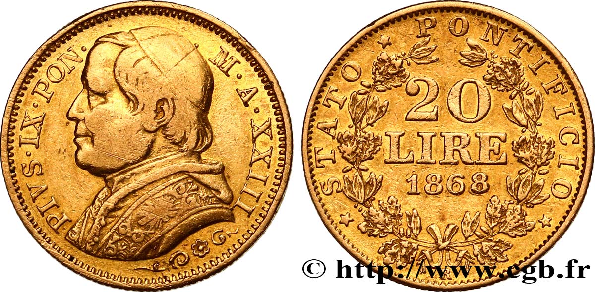 INVESTMENT GOLD 20 Lire Pie IX an XXIII 1868 Rome VF 