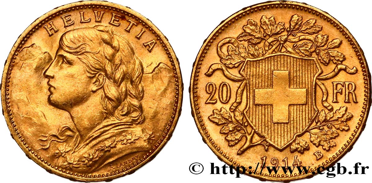 INVESTMENT GOLD 20 Francs  Vreneli   1914 Berne AU 