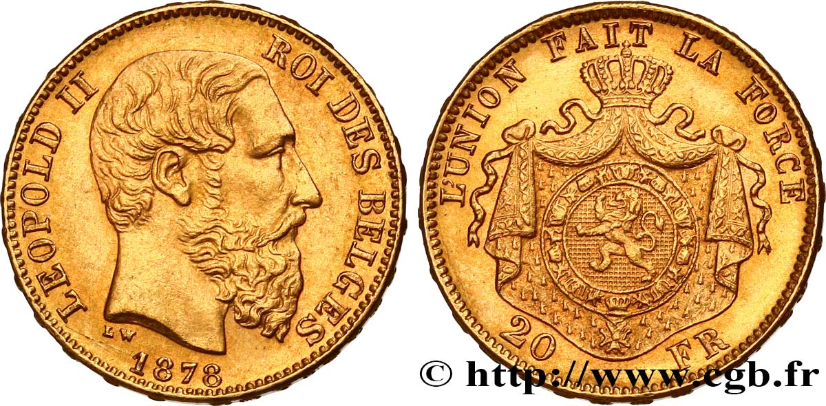 INVESTMENT GOLD 20 Francs or Léopold II 1878 Bruxelles VZ 