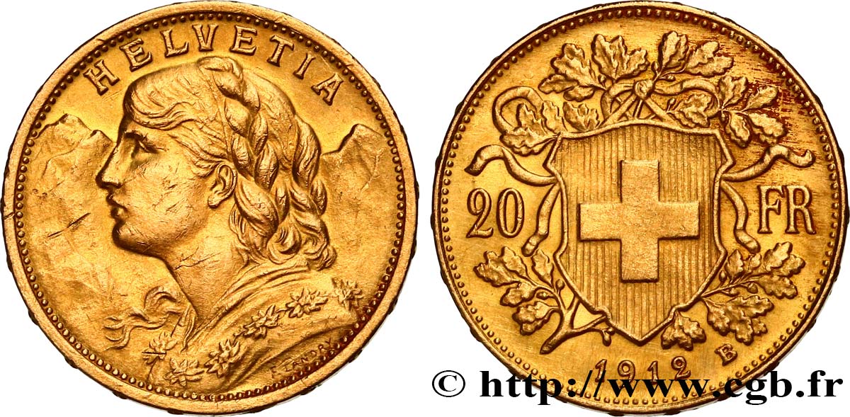 INVESTMENT GOLD 20 Francs  Vreneli   1912 Berne EBC 