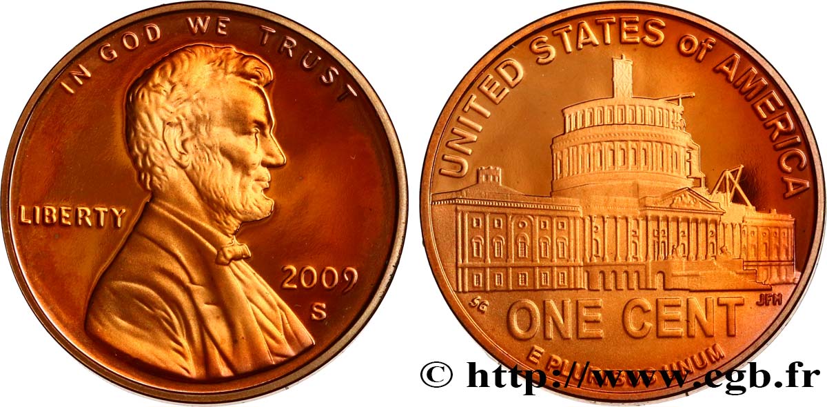 UNITED STATES OF AMERICA 1 Cent Proof Lincoln / vue du dôme du Capitole en construction 2009 San Francisco MS 