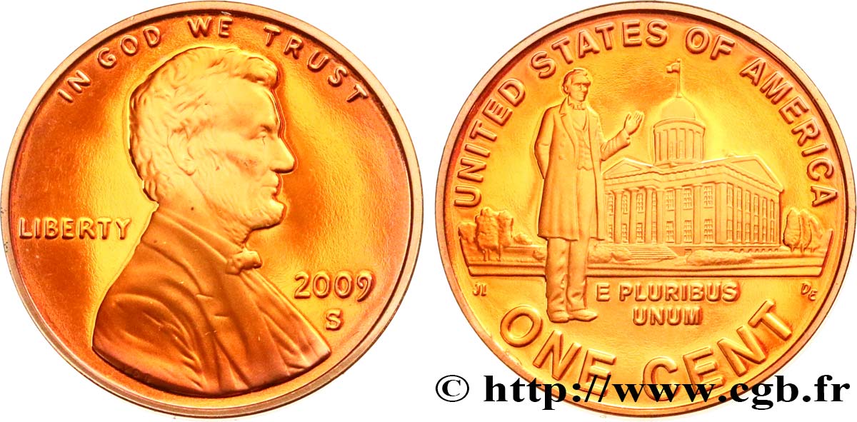 ESTADOS UNIDOS DE AMÉRICA 1 Cent Proof Lincoln / Lincoln devant le Capitole de l’état de l’Illinois à Springfield 2009 San Francisco SC 