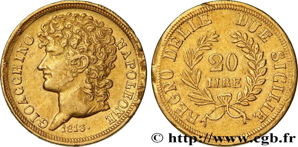 ITALY - KINGDOM OF NAPLES - JOACHIM MURAT 20 Lire or, rameaux longs 1813 Naples XF 