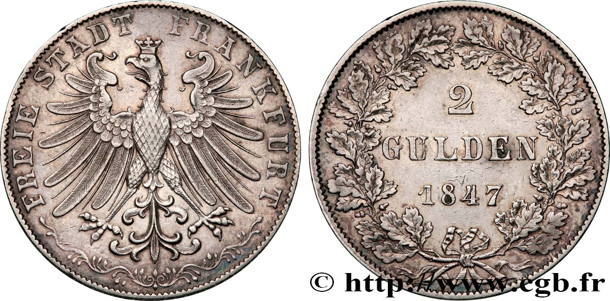 GERMANY - FREE CITY OF FRANKFURT 2 Gulden 1847 Francfort AU 