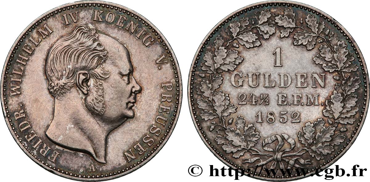 GERMANIA - HOHENZOLLERN-SIGMARINGEN 1 Gulden Frédéric-Guillaume IV roi de Prusse 1852 Berlin SPL 