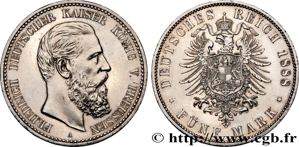GERMANY - PRUSSIA 5 Mark Frédéric III 1888 Berlin AU 