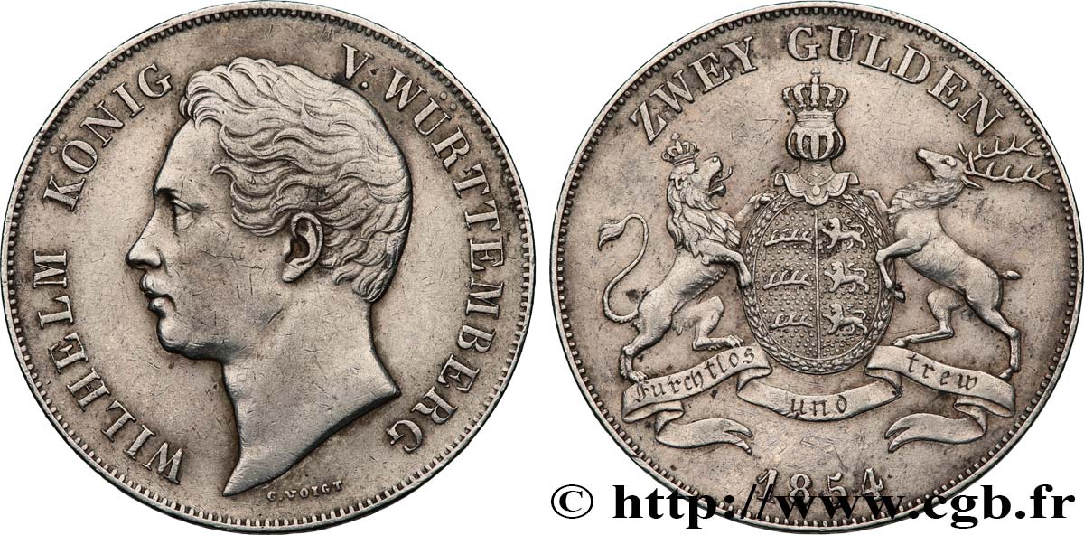 ALLEMAGNE - WURTEMBERG 2 Gulden Guillaume Ier 1854  TTB 