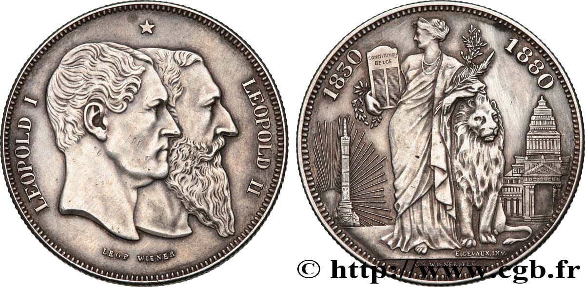 BELGIUM 5 Francs, Cinquantenaire du Royaume (1830-1880) 1880 Bruxelles AU 