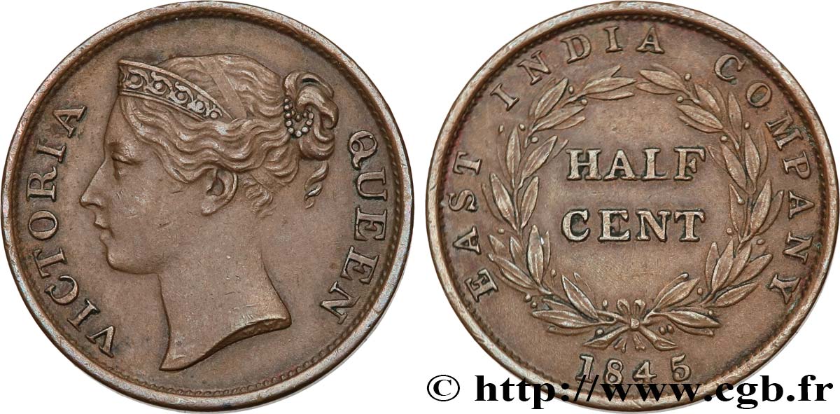 MALAYSIA - STRAITS SETTLEMENTS Half (1/2) Cent Victoria variété avec WW sur le buste 1845  VZ 