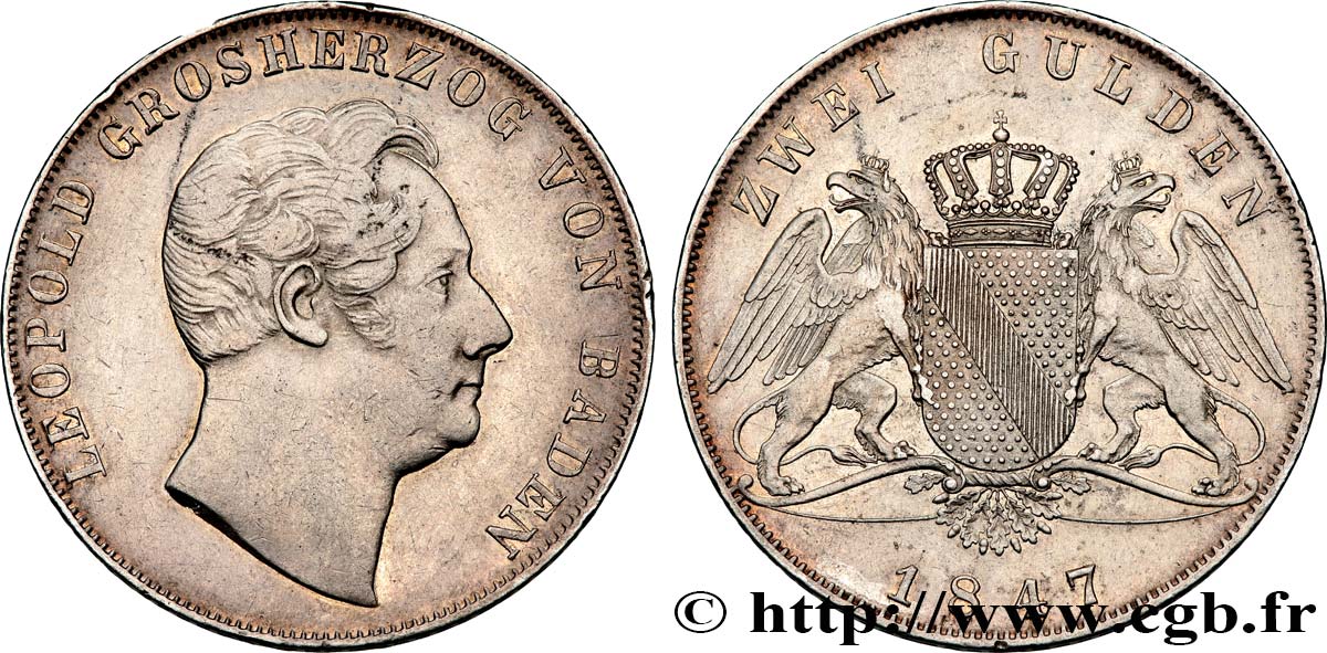ALEMANIA - BADEN 2 Gulden Léopold Ier de Bade 1847 Karlsruhe MBC/EBC 