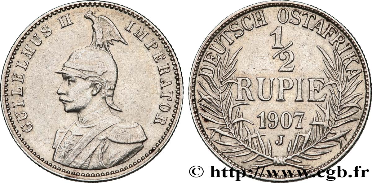 GERMAN EAST AFRICA 1/2 Rupie (Roupie) Guillaume II 1907 Hambourg XF 