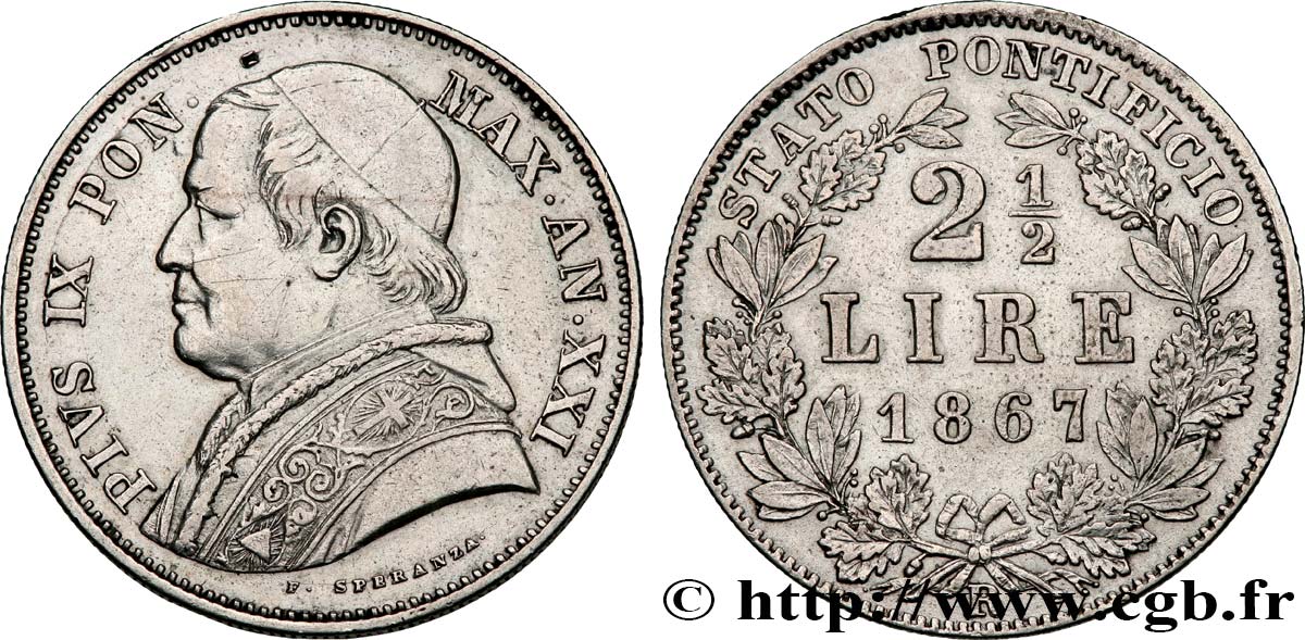 VATICAN - PIUS IX (Giovanni Maria Mastai Ferretti) 2 1/2 Lire Pie IX an XXI 1867 Rome AU 