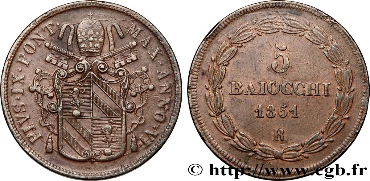 VATICAN AND PAPAL STATES 5 Baiocchi Pie IX an VI 1851 Rome AU 