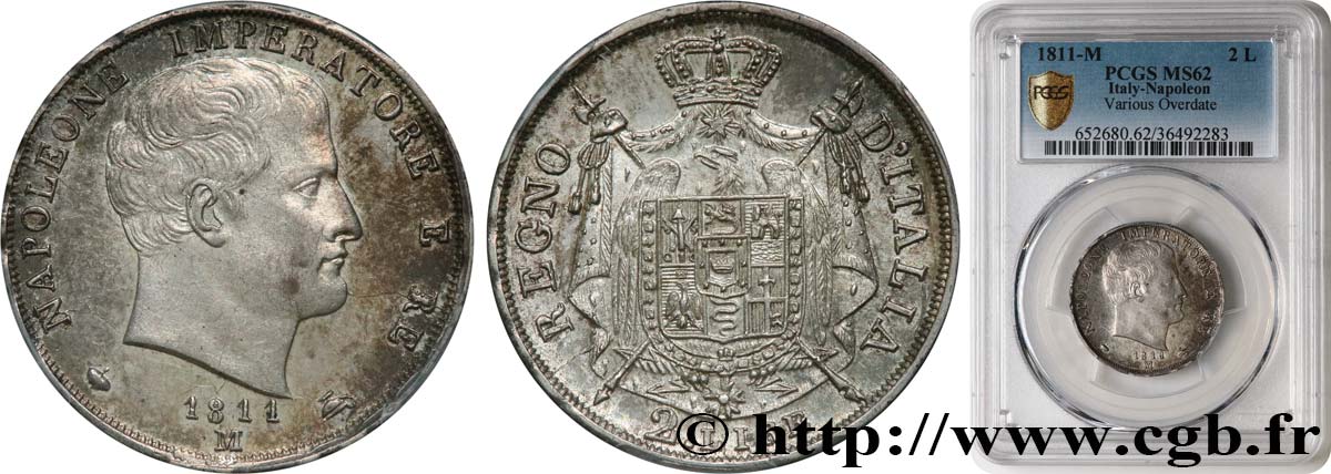 ITALY - KINGDOM OF ITALY - NAPOLEON I 2 Lire 1811 Milan MS62 PCGS