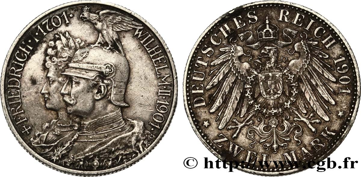 ALLEMAGNE - PRUSSE 2 Mark Guillaume II 200e anniversaire de la Prusse 1901 Berlin TTB+ 