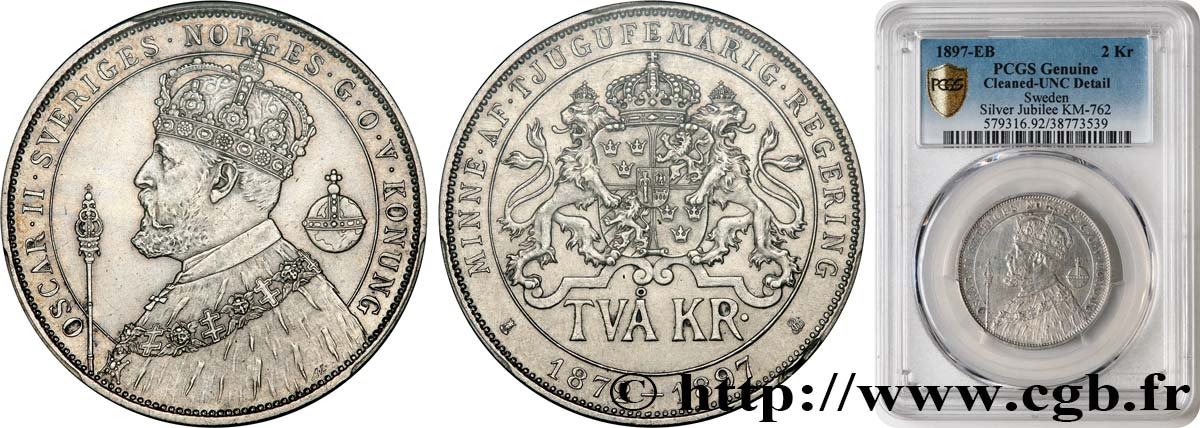 SCHWEDEN 2 Kronor Oscar II - 25 e anniversaire du règne 1897 Stockholm fST PCGS