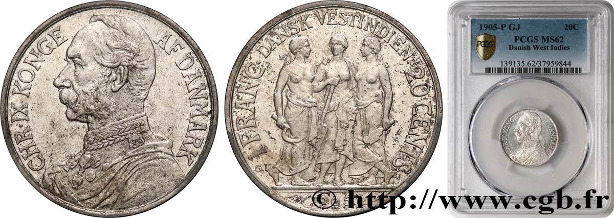DANISH WEST INDIES (VIRGIN ISLANDS) 1 Franc (20 Cents) Christian IX 1905  MS62 PCGS