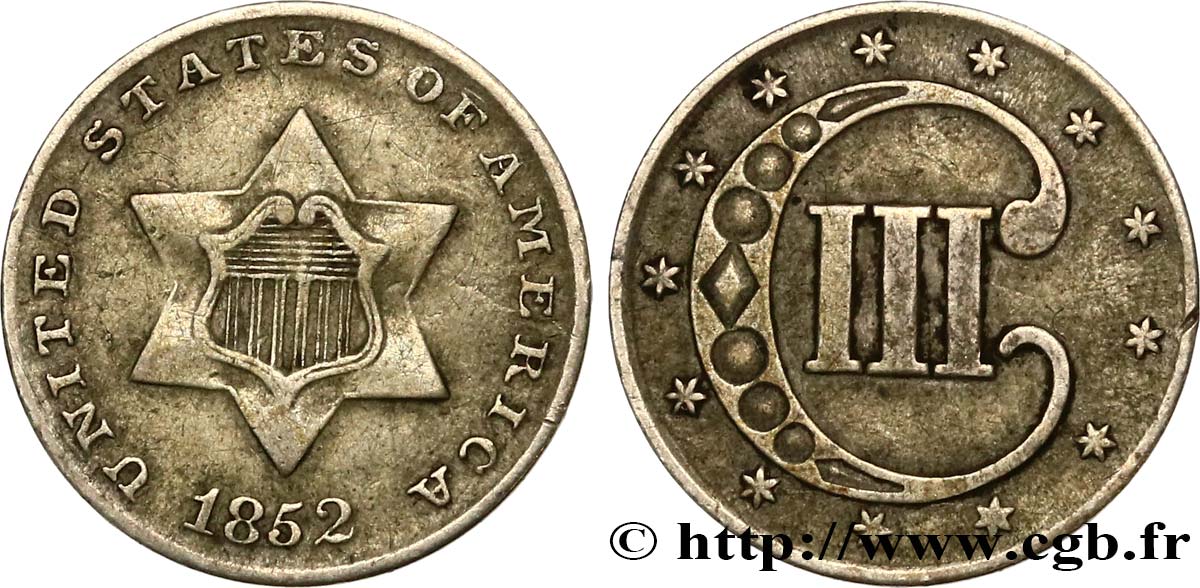 UNITED STATES OF AMERICA 3 Cents 1852 Philadelphie XF 