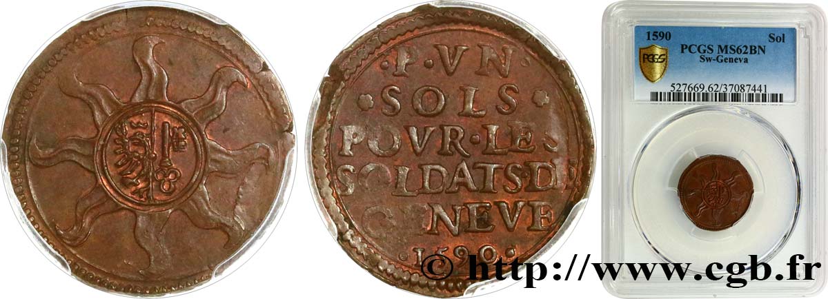 SWITZERLAND - REPUBLIC OF GENEVA Sol 1590 Genève MS62 PCGS