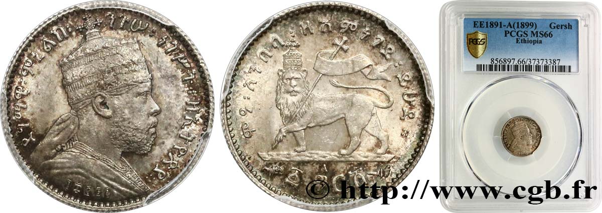 ETHIOPIA 1 Gersh Ménélik II EE1891 1899 Paris  MS66 PCGS