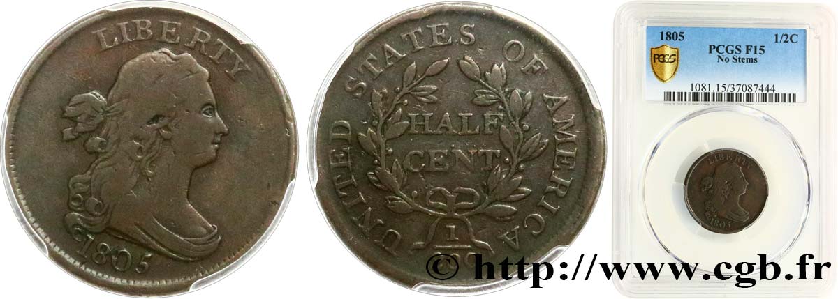 ÉTATS-UNIS D AMÉRIQUE 1/2 Cent “Draped Bust” 1805 Philadelphie TB15 PCGS