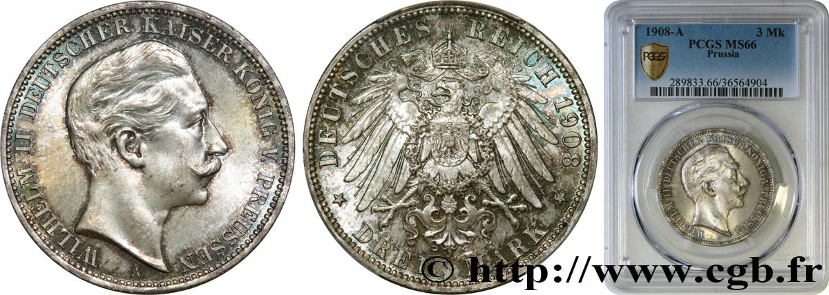 GERMANY - PRUSSIA 3 Mark Guillaume II 1908 Berlin MS66 PCGS