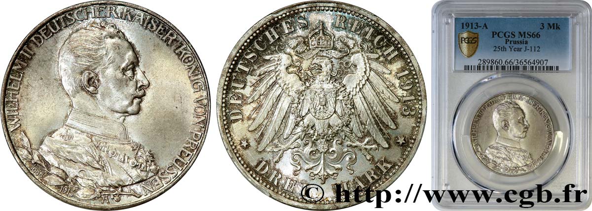 GERMANY - PRUSSIA 3 Mark 25e anniversaire de règne de Guillaume II 1913 Berlin MS66 PCGS