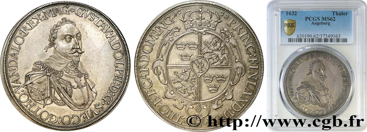 GERMANY - AUGSBURG - SWEDISH OCCUPATION - GUSTAV II ADOLPHE Thaler 1632 Augsbourg SPL62 PCGS
