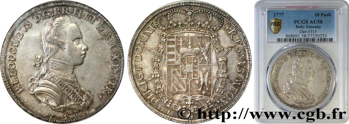 ITALY - GRAND DUCHY OF TUSCANY - PETER-LEOPOLD I OF LORRAINE Francescone d’argent 1777 Florence AU58 PCGS