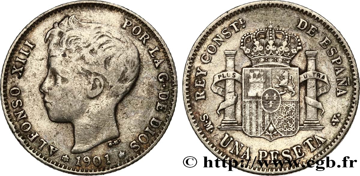 ESPAÑA 1 Peseta Alphonse XIII 3e type de buste 1901 Madrid BC+ 