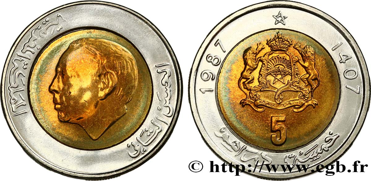 MARUECOS 5 Dirhams Hassan II AH 1407 1987  SC 