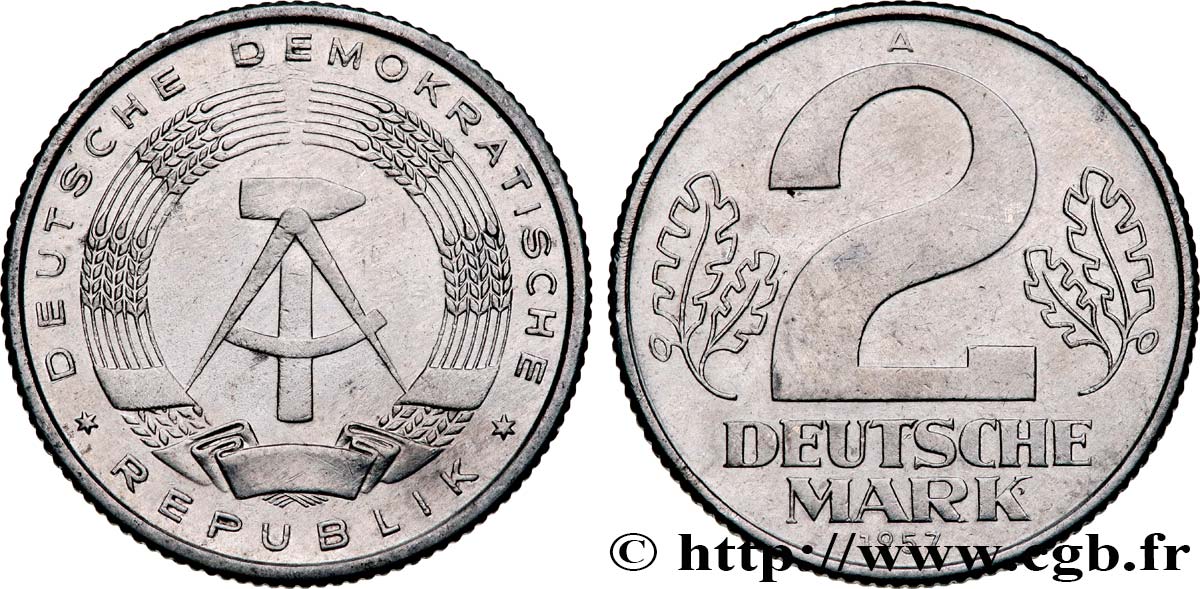ALLEMAGNE RÉPUBLIQUE DÉMOCRATIQUE 2 Mark emblème de la RDA 1957 Berlin SUP 