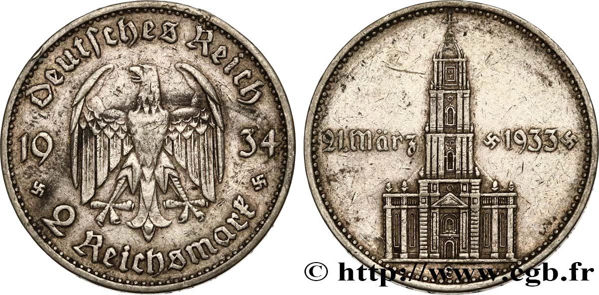 ALLEMAGNE 2 Reichsmark commémoration du serment du 21 mars 1933 en l’église de la garnison de Potsdam 1934 Muldenhütten - E TTB 