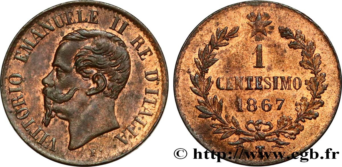 ITALIA 1 Centesimo Victor Emmanuel II 1867 Turin - T EBC 