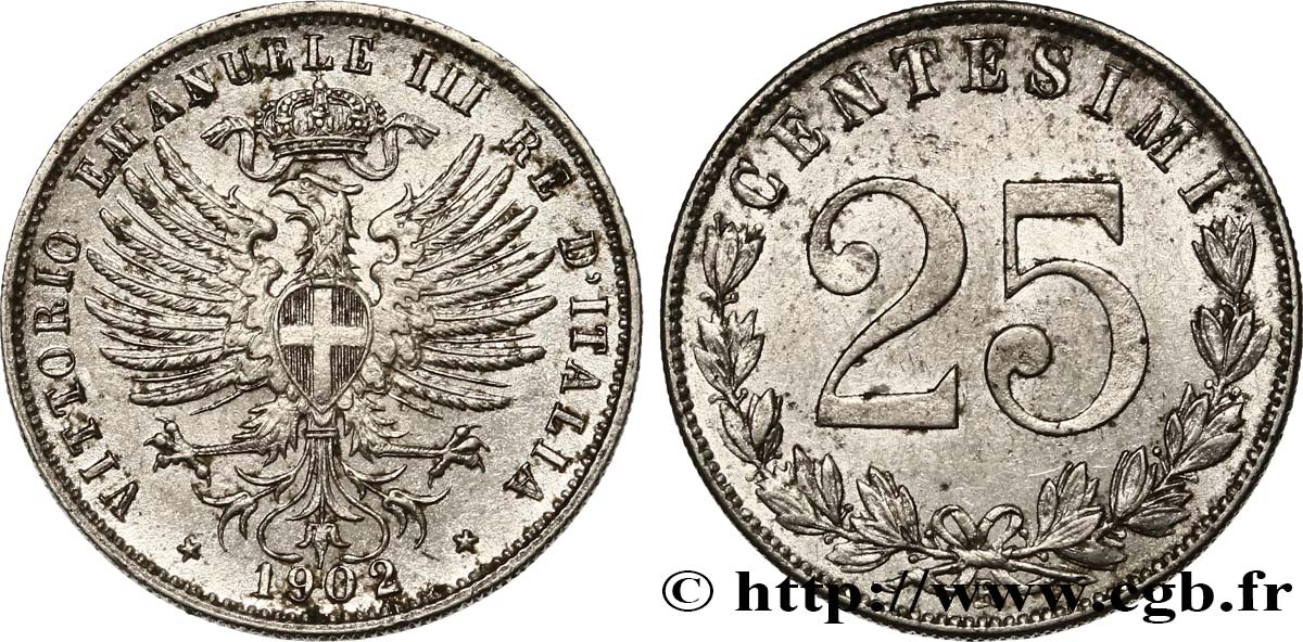 ITALY 25 Centesimi 1902 Rome - R AU 