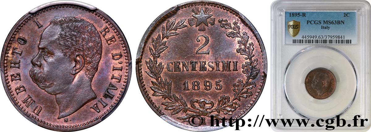 ITALY 2 Centesimi Humbert Ier 1895 Rome MS63 PCGS