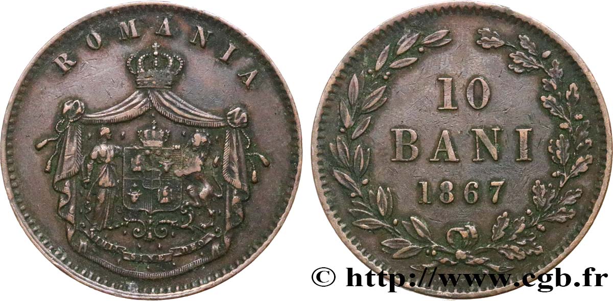 ROMANIA 10 Bani armes 1867 Heaton BB 
