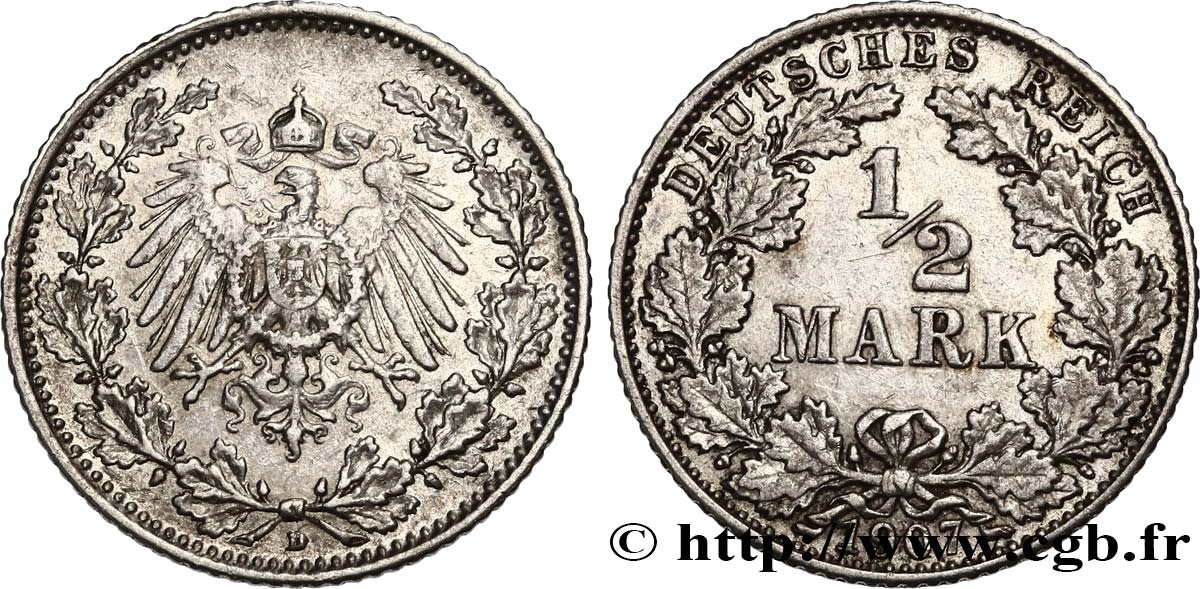 DEUTSCHLAND 1/2 Mark Empire aigle impérial 1907 Munich - D SS 