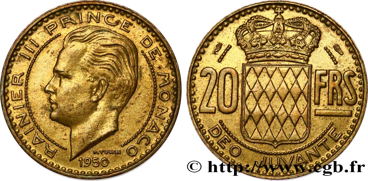 MONACO 20 Francs Rainier III 1950 Paris EBC 