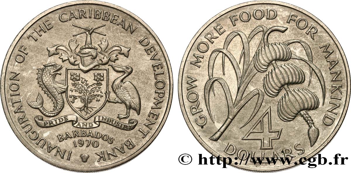 BARBADOS 4 Dollars Antigua inauguration de la Banque de Développement des Caraïbes 1970  MS 