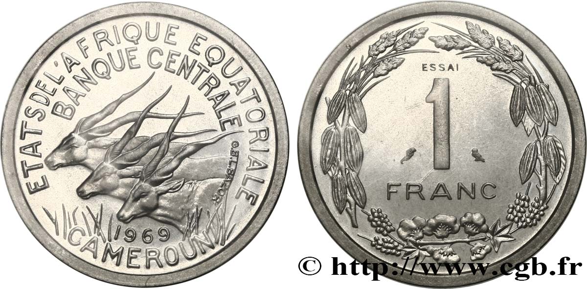 ÉTATS DE L AFRIQUE ÉQUATORIALE Essai de 1 Franc antilopes 1969  FDC 